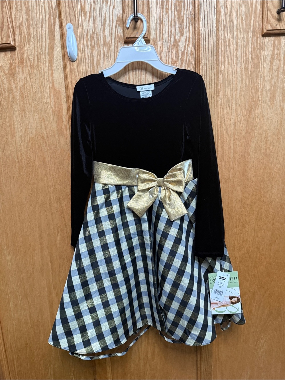 Bonnie Jean girls Black Velvet Bodice with Gold Bow and Plaid Skirt Dress